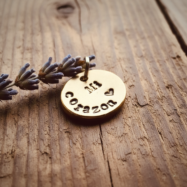 Mi Corazon charm — hand-stamped bronze love gift