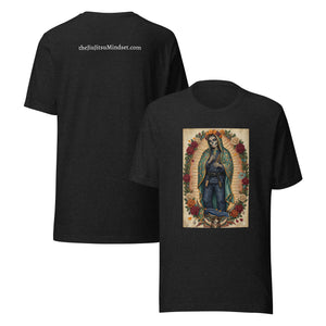 The Jiu Jitsu Mindset Virgen de Guadalupe Edition t-shirt — black heather, front and back