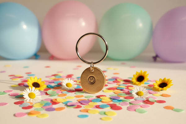 A gold-colored round bronze charm with a smiley face design on a yellow background, likely intended for use as a keychain.