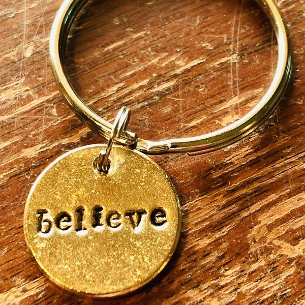 Believe handmade bronze charm key chain by A Well Run Life